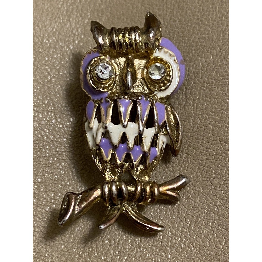 VTG Owl On A Branch Violet Enamel Costume Jewelry Brooch Pin Rhinestone 90s Bird